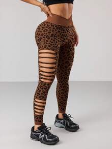 SHEIN Dewbera Quần legging thể thao nữ gợi cảm họa tiết da báo, cạp cao, khoét eo. - màu nâu - Xem 7