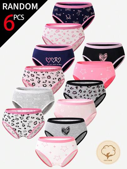 6pcs/Set Girls' Cute Leopard Print & Heart Pattern Cotton Underwear, Assorted Colors & Designs, Suitable For All Seasons