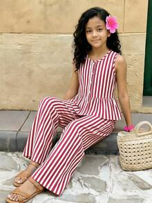 SHEIN Tween Girl Striped Ruffle Hem Sleeveless Top And Pants 2 Pieces Set - Multicolor - View 3