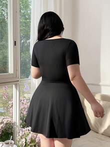 CovetEZ Plus Size Summer Short Sleeve Casual Sweet Black Mini Skirt 2 Pieces Set - Black - View 2