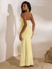 Opulessa Solid Color Knit Fitted Strapless Hollow Out Fishtail Dress For Women, Spring/Summer Vacation,Summer Dresses For Women - Light Yellow - View 2
