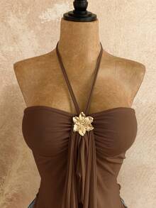 Soleia Áo vest nữ vạt lệch trang trí vỏ sò, thích hợp cho kỳ nghỉ biển và mùa hè. - Cà phê nâu - Xem 4