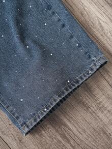 Manfinity Joysei Men's Casual Fashion Street Frayed 2 In 1 Rhinestone Embellished Loose Wide-Leg Jeans Glitter Jeans Men's Rhinestone Jeans Denim And Diamonds - Blue Black - View 4