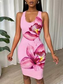Eryvara Gaun Bodycon Tanpa Lengan Slim Fit Berlipit Motif Tie Dye untuk Pakaian Tahun Baru - Berwarna merah muda - View 7