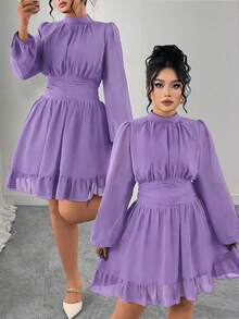 Elenzga Plus Size Women Elegant Party Navy Blue Stand Collar Ruffle Flounce Decor Long Sleeve Fitted Midi Dress - Purple - View 1
