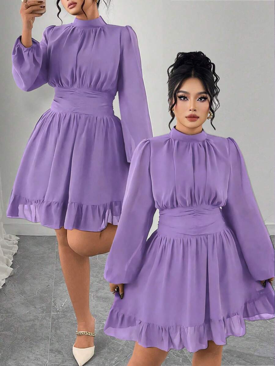 Elenzga Plus Size Women Elegant Party Navy Blue Stand Collar Ruffle Flounce Decor Long Sleeve Fitted Midi Dress - Purple - View 1