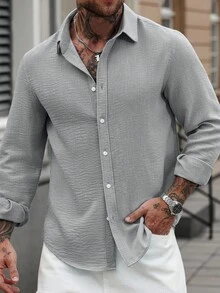 Manfinity CasualCool Áo sơ mi dài tay màu trắng bằng vải lanh, kiểu dáng thường ngày, thích hợp cho các buổi lễ. - Xám - Xem 8