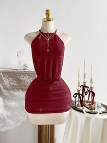 SHEIN PETITE Đầm ngắn gợi cảm hở lưng, dây buộc, chất liệu vải bóng, thích hợp cho kỳ nghỉ hè. - Đỏ - Xem 5