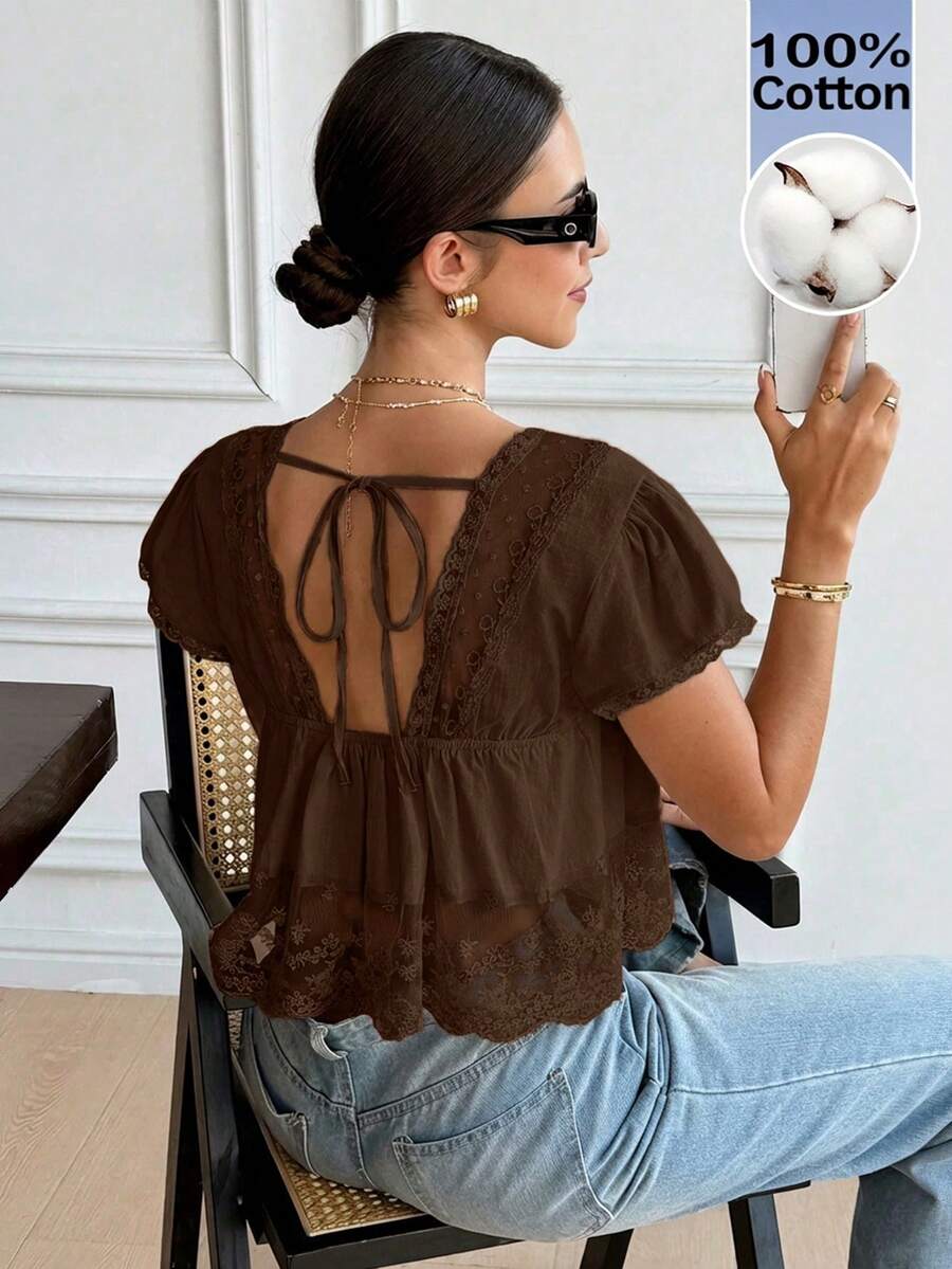 Serisse Áo kiểu nữ tay ngắn dáng rộng, màu trơn, phối ren tương phản. - Cà phê nâu - Xem 1