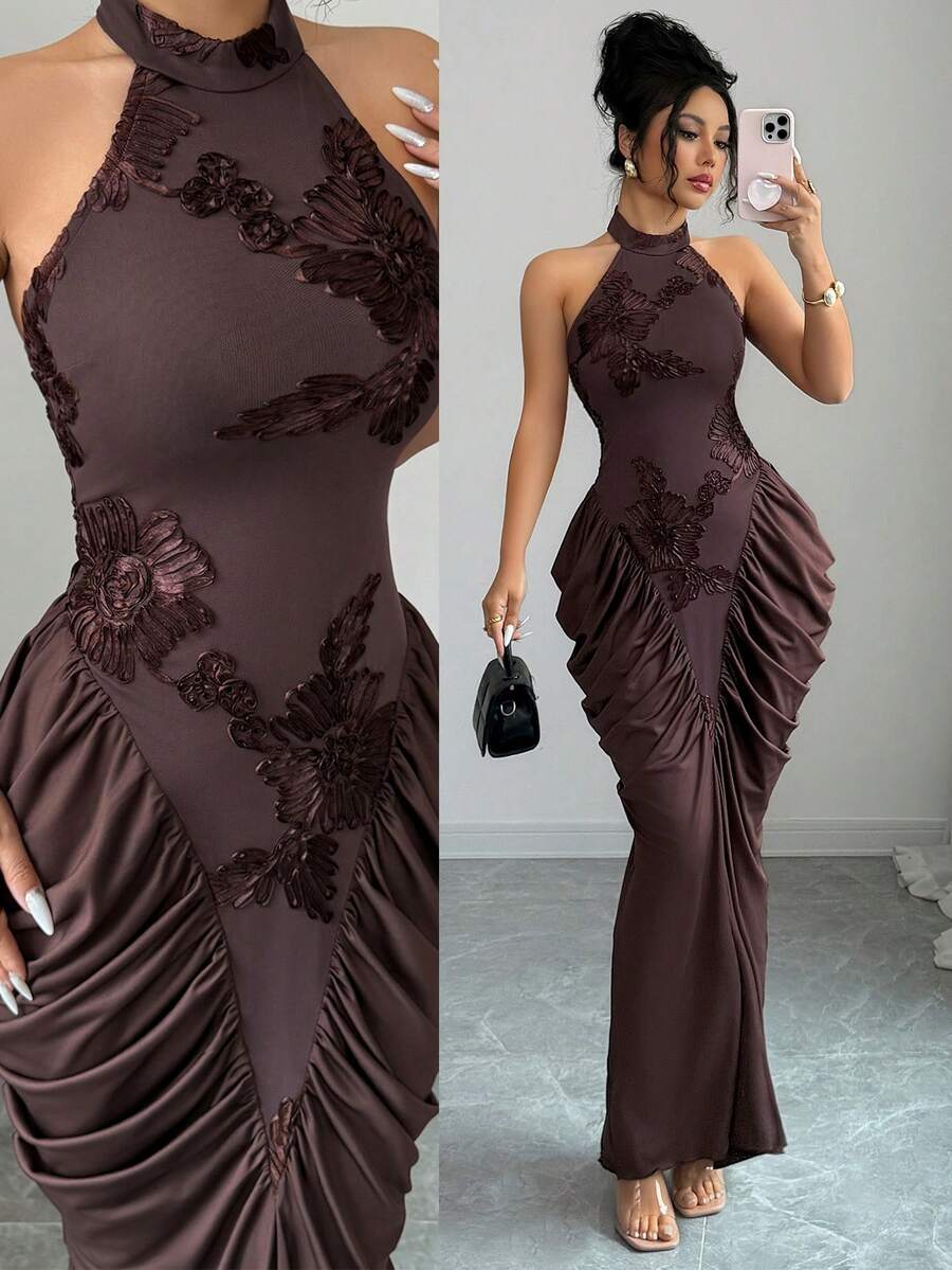Modelyn 棕色网纱提花刺绣露背褶皱设计连衣裙，优雅时尚
