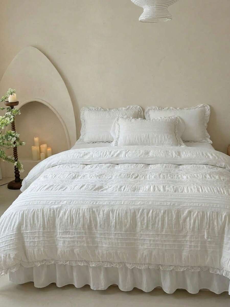 Cirelle Bộ ga trải giường kiểu công chúa 2/3 món, 100% polyester, họa tiết hoa cắt 3D, xếp nếp, không kèm ruột chăn, phù hợp mọi mùa, kiểu dáng hiện đại với 1/2 vỏ gối. - trắng - Xem 1