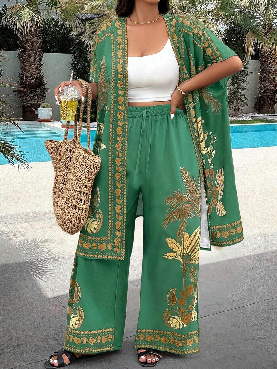 EMERY ROSE Plus Size Women Tropical Plant Print Short Sleeve Robe And Wide Leg Pants 2 Pieces Set - Multicolor - View 1
