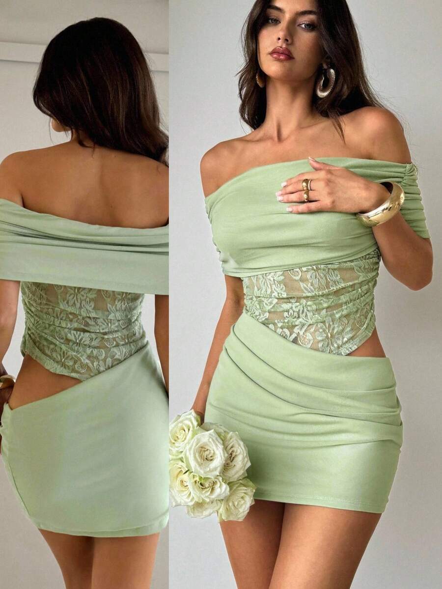 Aloruh 女士婚礼季性感优雅露肩镂空透视蕾丝撞色网眼迷你连衣裙女士夏季连衣裙女士太阳裙婚礼宾客礼服女士毕业服装女士夏季服装女士夏季连衣裙女士毕业礼服，薄荷绿连衣裙 - 薄荷綠 - 查看 1