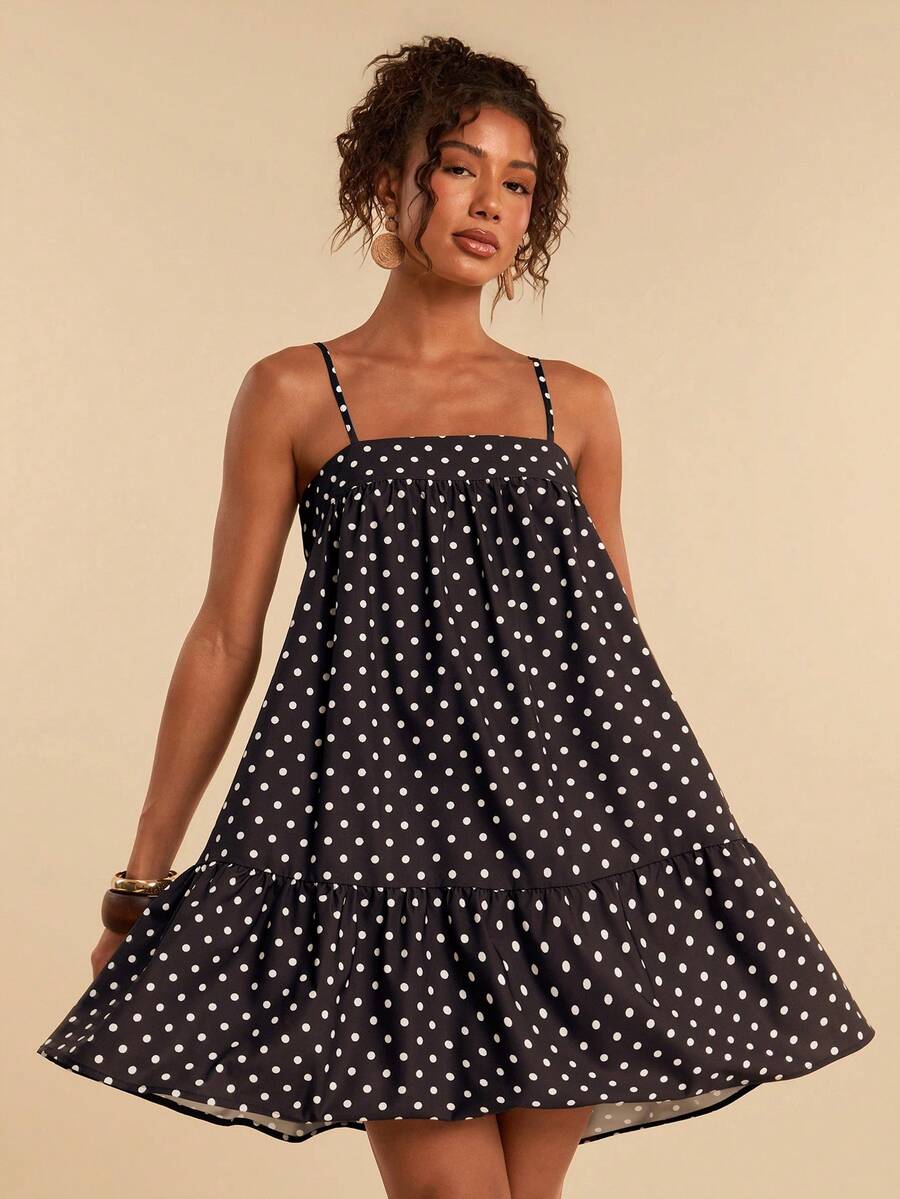 Travachic Women's Ruffled Hem Polka Dot Strap Vacation Dress - Brown - View 1