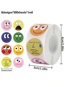 Joivida 1 Roll (500 Sheets Total) 2.5cm Round Funny Stickers - 8 Cute Cartoon Expression Designs, Self-Adhesive Label Stickers For Kids Reward, Gift Wrapping, Bakery Sealing & Daily Decor, Waterproof & Easy Peel, Vibrant Colorful Sticker Roll For Scrapbooking, Stationery & Party Supplies - Multicolor - View 3