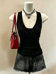 Franclia Women's Casual Backless Chain Decor Padded Camisole Top - Black - View 7