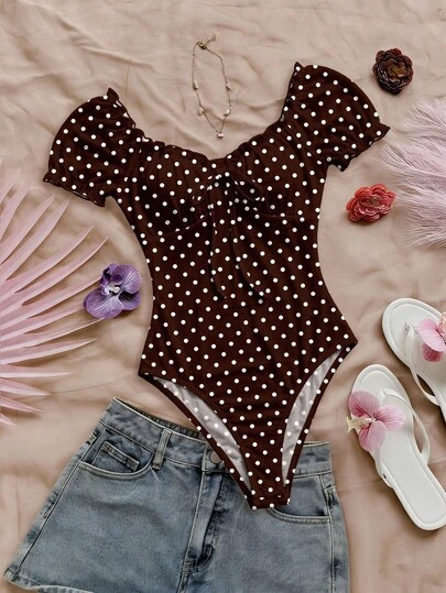 Soleia Floral Print Off-Shoulder Ruffle Vintage Elegant Polka Dot Romantic Elegant Twist Front Pleated Bodice Bodysuit, Suitable For Outings, Beach Vacations, Chic, Bohemian Style, Music Festivals