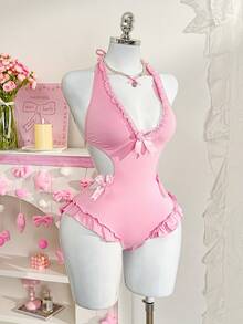 PetitDoll Women's Sweet Sexy Deep V-Neck Ruffle Halter Jumpsuit - Pink - View 4