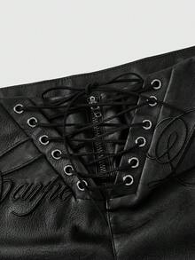 Grunge Punk Quần short mini cạp siêu thấp bằng da PU, phong cách punk Y2K cá tính, thích hợp cho lễ hội mùa xuân/hè, thêu chữ. - màu đen - Xem 3