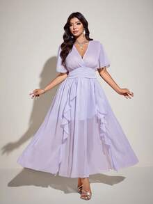 Viva Relle Plus Size Purple V-Neck Ruffle Hem Waist Cinched Short Sleeve Holiday Dress For Women - Mauve Purple - View 5