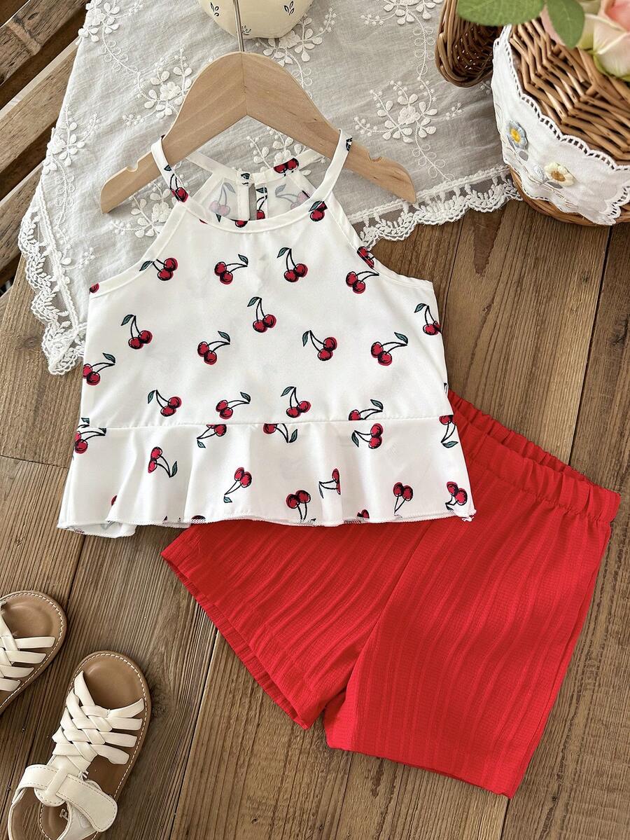 SHEIN 2pcs Baby Girl/Newborn 0-3Y Spring/Summer Dopamine Vibrant Color Vacation Sleeveless Top + Shorts Set, Baby Girl Spring/Summer Outfit - Red - View 1