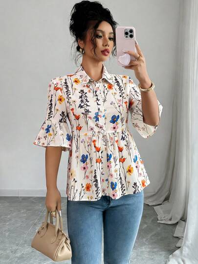 Elenzga Floral Vacation Holiday Summer Tops Casual Blouses For Women Women's Lapel Collar Button Front Half Sleeve Shirt, Botanical Print Casual Blouse