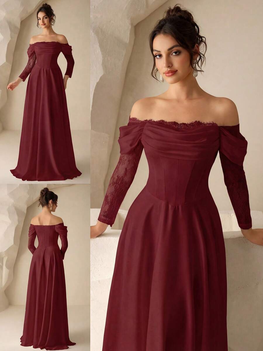 Coutiva Long Sleeve Lace Slimming Off-Shoulder Wedding Dress - Burgundy - View 1