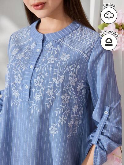Veilorie Nueva camisa de manga larga a rayas bordada, casual, cómoda y versátil para el uso diario
