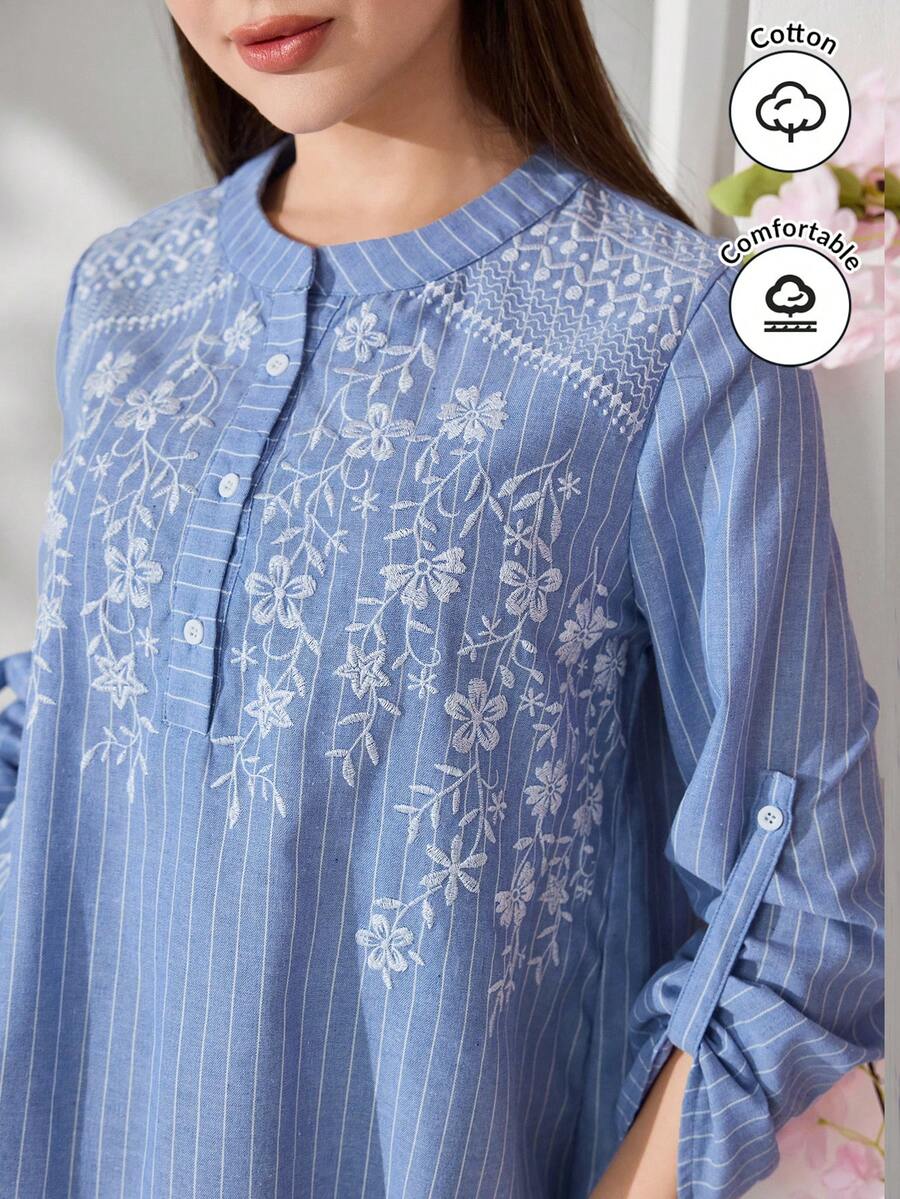 Veilorie New Embroidered Striped Casual Comfortable Daily Versatile Long Sleeve Shirt