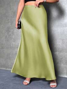 SHEIN Tall Falda de sirena de unicolor para mujer, falda de satén, falda larga elegante, adecuada para fiestas, uso diario, falda negra - Verde Oliva - Ver 5