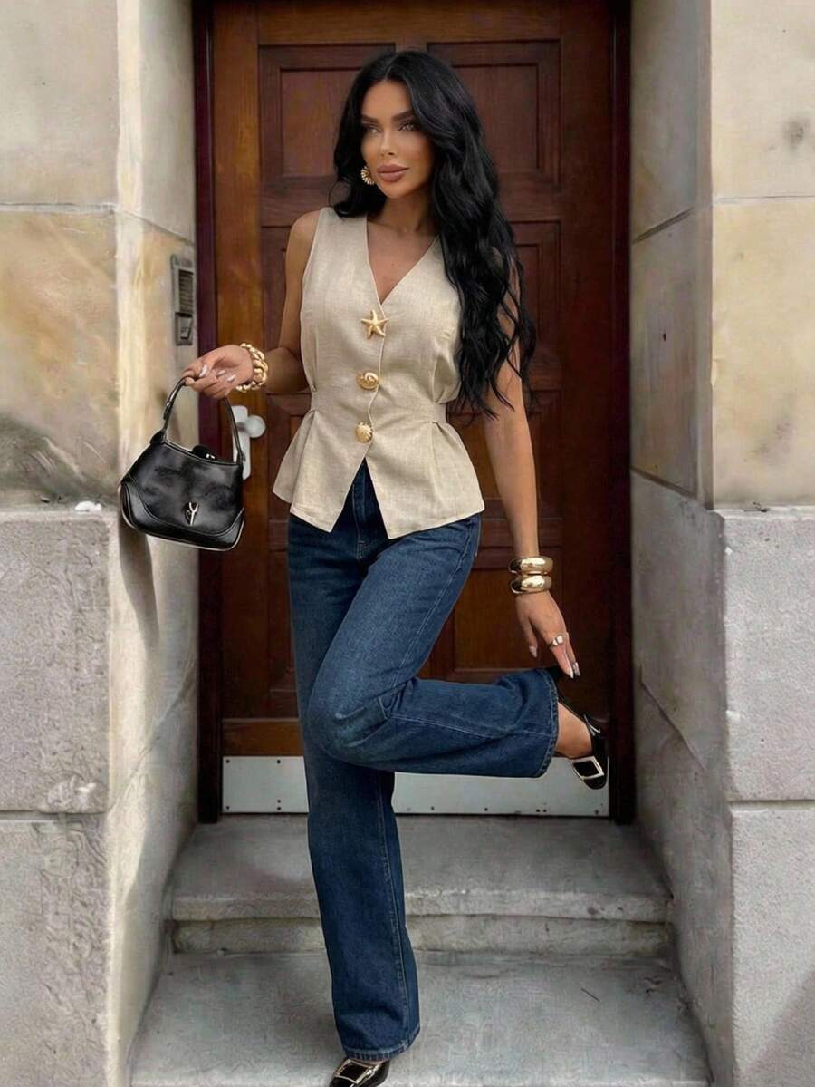 Aloruh 优雅商务休闲卡其色无袖背心外套，夏季纯色外套，饰有金属纽扣 - 卡其色 - 查看 1