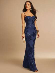 Fitted Strappy Dress With 3D Floral Print - Camel - View 4