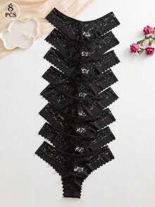 SHEIN 8件套浪漫性感蕾丝女士比基尼内裤，多色 - 黑色 - 查看 7