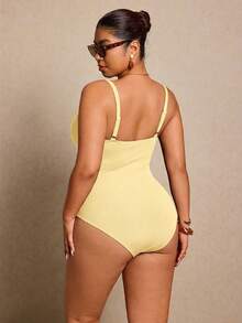 Elaquor Plus Size Women Sexy Beach Vacation Solid Color Patchwork Starfish Shell Decor Drawstring Ruched Monokini Swimsuit - Apricot - View 2