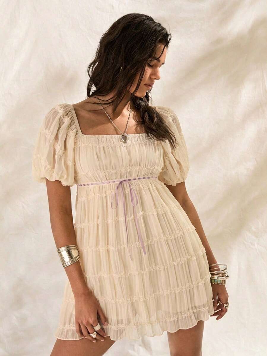 Easelle Apricot Woven Chiffon Mini Dress For Women - Apricot - View 1