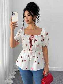 Elenzga Camisa casual de mujer talla grande con bordado de flores de cerezo, adecuada para citas románticas, primavera/verano - Beis - Ver 3