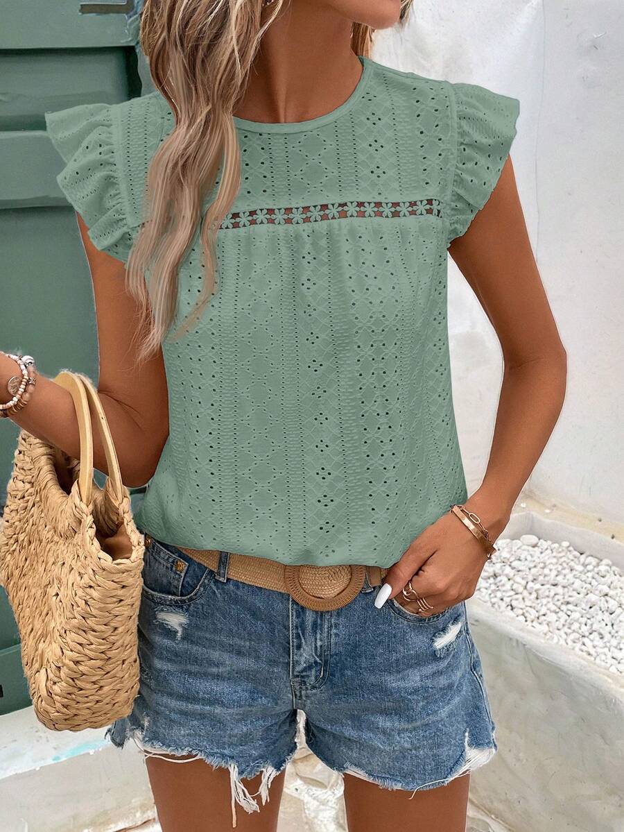 SHEIN Frenchy Eyelet Embroidery Ruffle Trim Round Neck Lace Trimmed Tee - Green - View 1