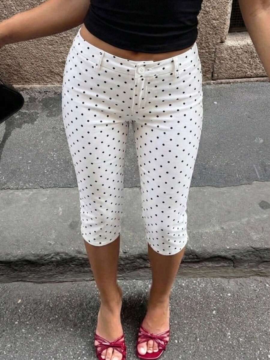 SHEIN EZwear 女款黑白波點印花斜口袋休閒修身七分褲 70s 90s 風格 日常度假邁阿密夏季穿搭 - 白色 - 查看 1
