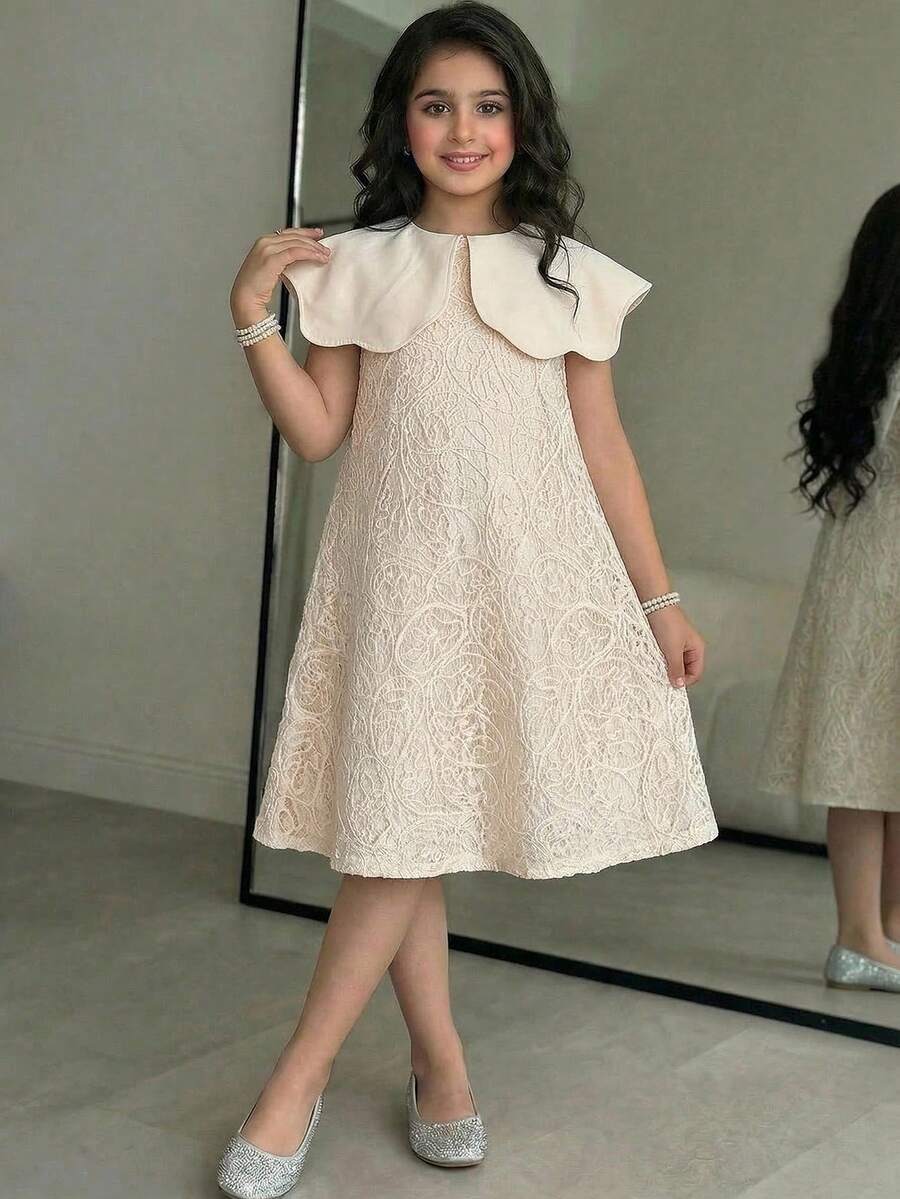 少女優雅A字領寬領洋裝,杏色花童婚禮賓客禮服,柔和夏季色調,夏季母親節穿搭 - 白色 - 查看 1