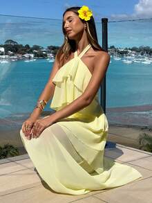 Aloruh 女士春夏新款优雅浪漫时尚波西米亚风度假约会荷叶边吊带连衣裙，黄色 - 黃色 - 查看 4