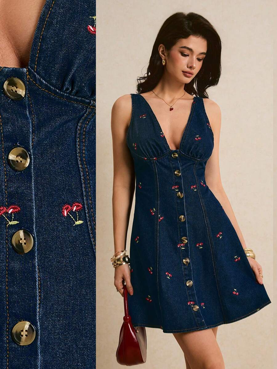 Poéselle Women's Deep V-Neck Cherry Embroidery Pattern Single-Breasted Casual Vacation Denim Dress - Dark Wash - View 1