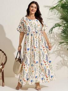 SHEIN LUNE Plus Size All White Summer Boho Floral Maxi Dress Women Elegant Bohemia Digital Print Loose Fit Short Sleeve Holiday Bachelorette Wedding Guest Outfit - Multicolor - View 2