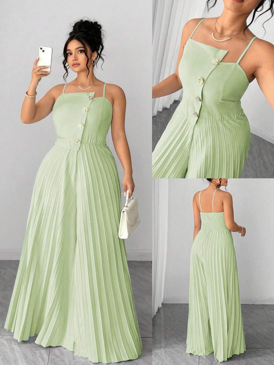 Elenzga 大码女士优雅不对称领褶裥阔腿连体裤，收腰喇叭裤腿，适合春夏、毕业典礼、节日、情人节、音乐节、母亲节、万圣节、感恩节、复活节、国庆节、晚会、约会、派对、婚礼、郊游等场合。 - 橄欖綠 - 查看 1