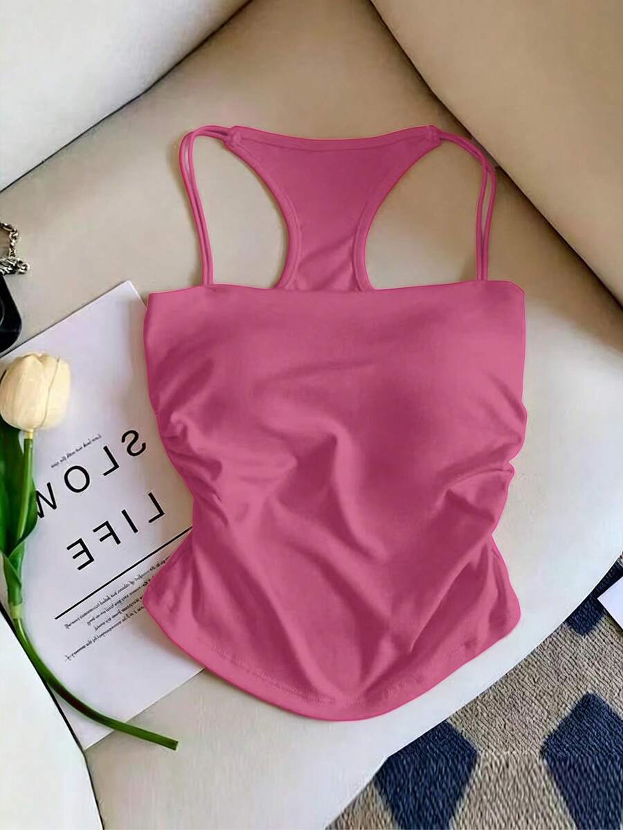 Franclia Women's Casual Racerback Tank Top, Solid Color, Suitable For Daily Commute In Summer - Hot Pink - View 1
