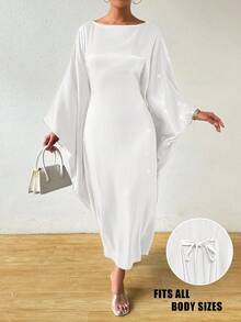 Rafferiza Abito lungo casual e comodo da donna con scollo rotondo, maniche a pipistrello e colore tinta unita, adatto per vacanze e abbinamenti - Bianco - Visualizzare 6