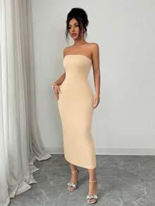 SHEIN Raffinéa Robe bustier élégante avec garniture florale brodée et superposition transparente révélatrice. Ensemble à la mode en deux pièces, flatteur pour les fêtes et les rassemblements, printemps/été - Champagne - Voir 3