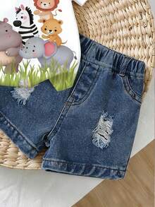 SHEIN Playful Pals Bộ đồ thường ngày 2 món cho bé trai, áo thun trắng cổ tròn tay ngắn in hình động vật dễ thương, phối cùng quần short denim, thích hợp mặc trong mùa hè. - Nhiều màu - Xem 5