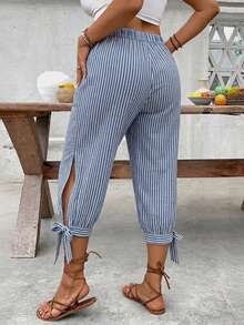 EMERY ROSE Plus Size High Waist Drawstring 7/8 Pants, Spring/Summer - Blue and White - View 2