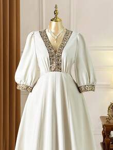 Rometta Plus Size Women's Elegant White Winter Bridal Wedding Dress, Al-Adha Lace & Sequin Trim Fit & Flare Vintage Luxury Embroidered Reception Dresses - Apricot - View 9