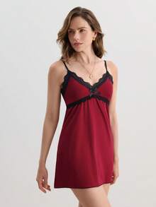 Hourtrue Contrast Lace Bow Front Cami Pajama Nightdress - Burgundy - View 4